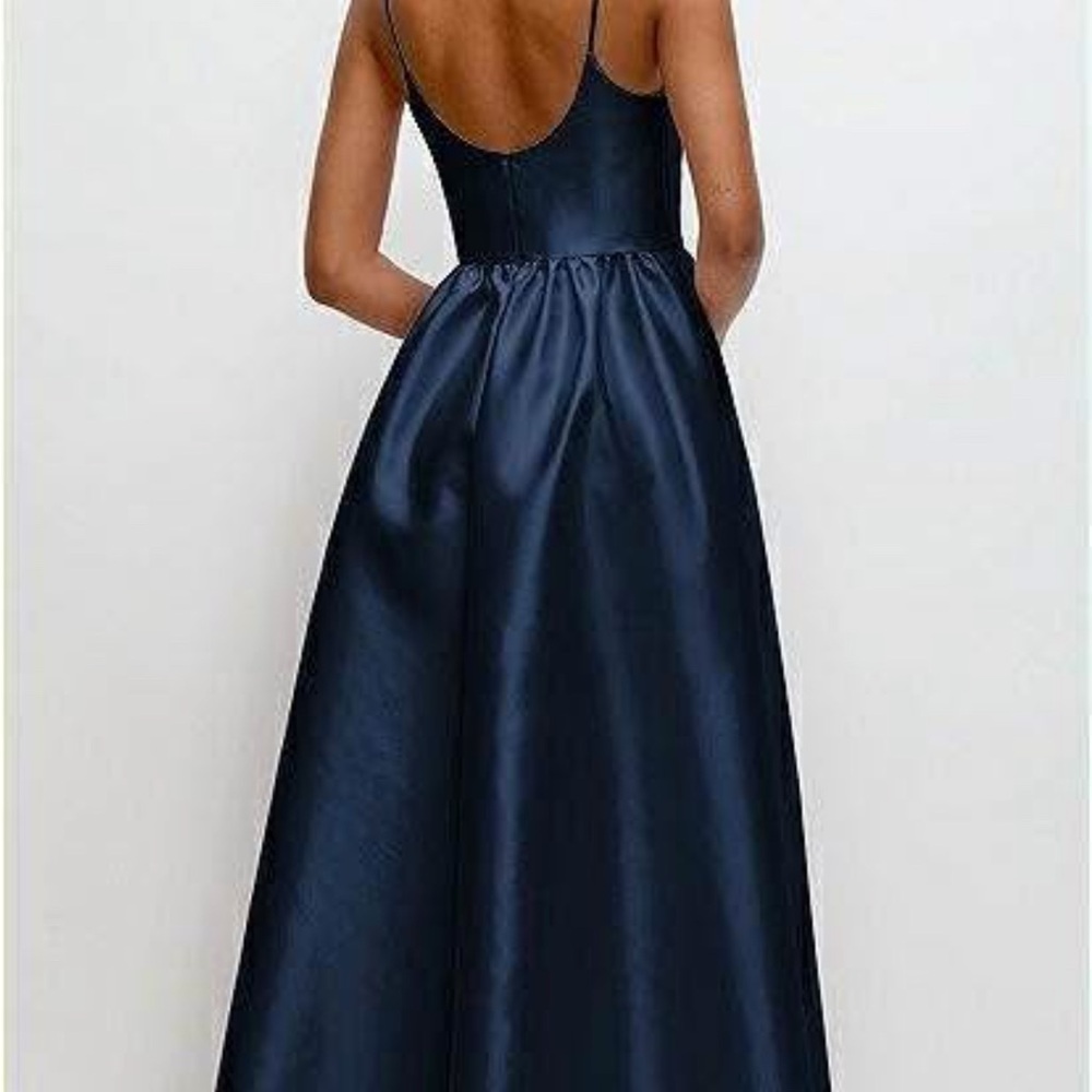 DESSY COLLECTION BASQUE SKIRT SATIN MAXI DRESS W/POCKETS IN MIDNIGHT NAVY - Picture 2 of 3